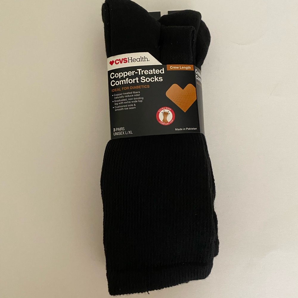 3 pairs Unisex CVS Copper Treated Black Comfort Socks Size L / XL